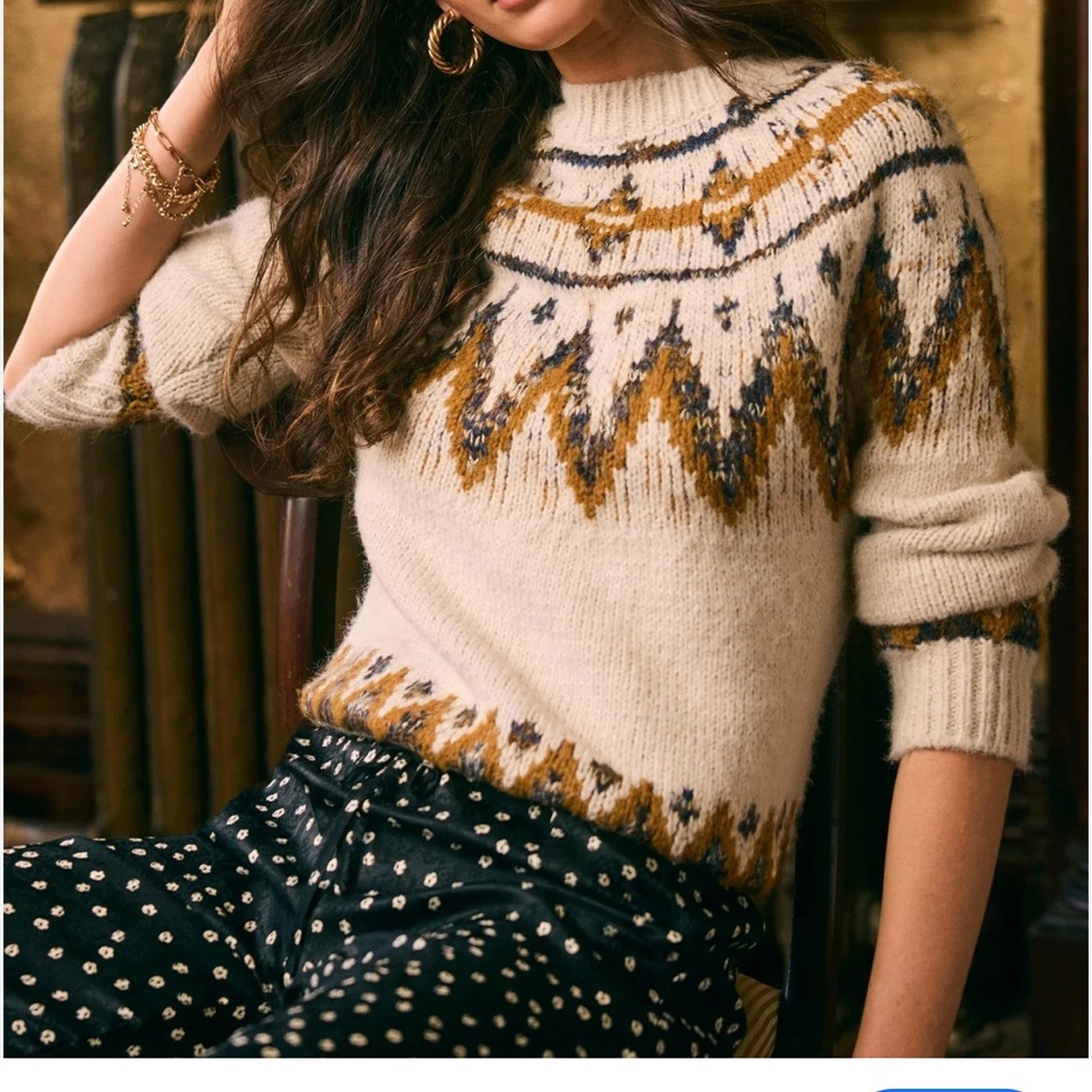 Heartloom Fair Isle White and Brown Patterned Sweater